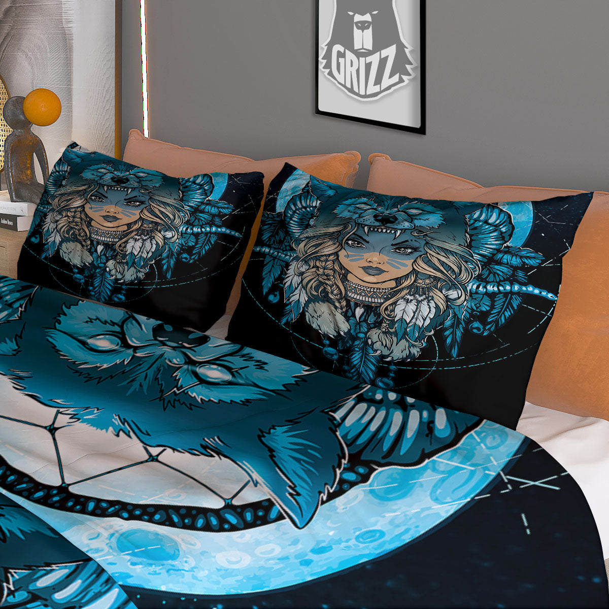 Wolf Girl Native American Print Duvet Cover Bedding Set