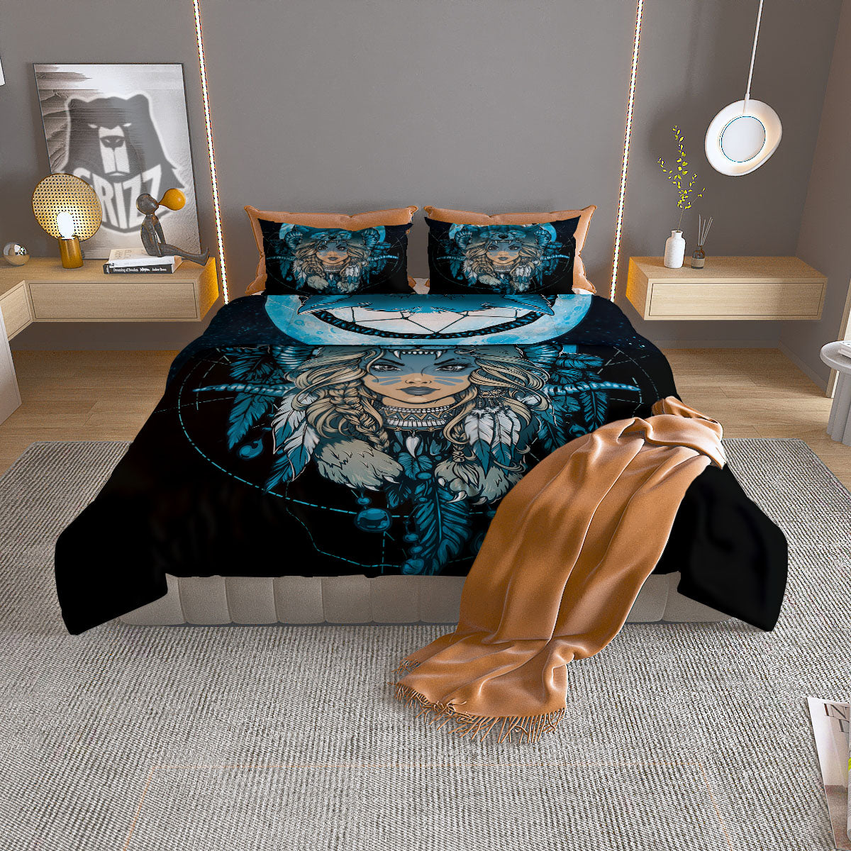Wolf Girl Native American Print Duvet Cover Bedding Set