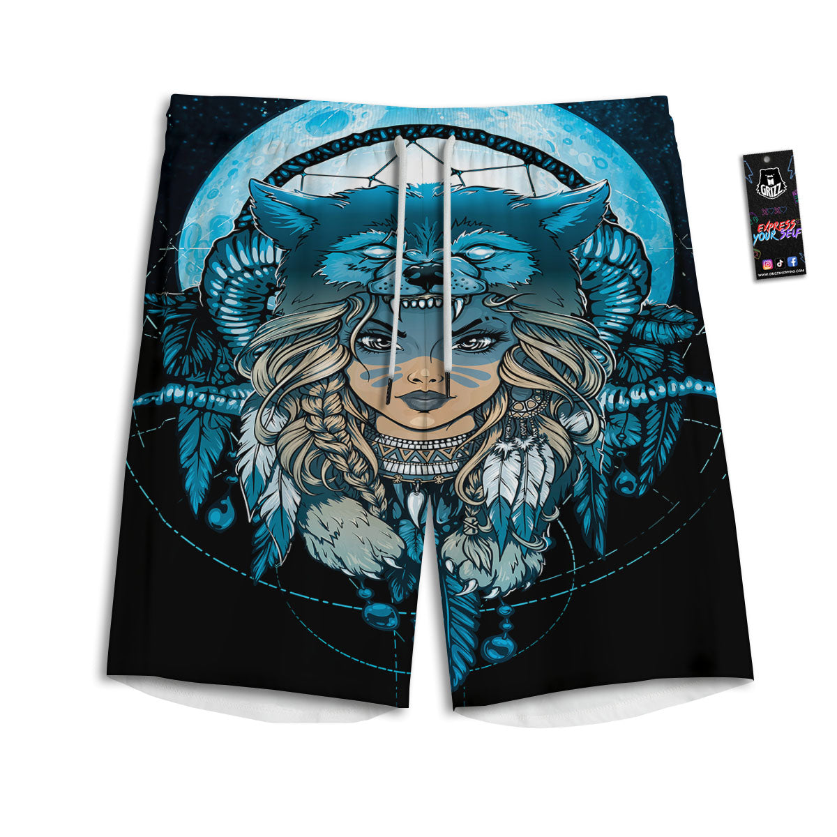 Wolf Girl Native American Print Men's Athletic Shorts