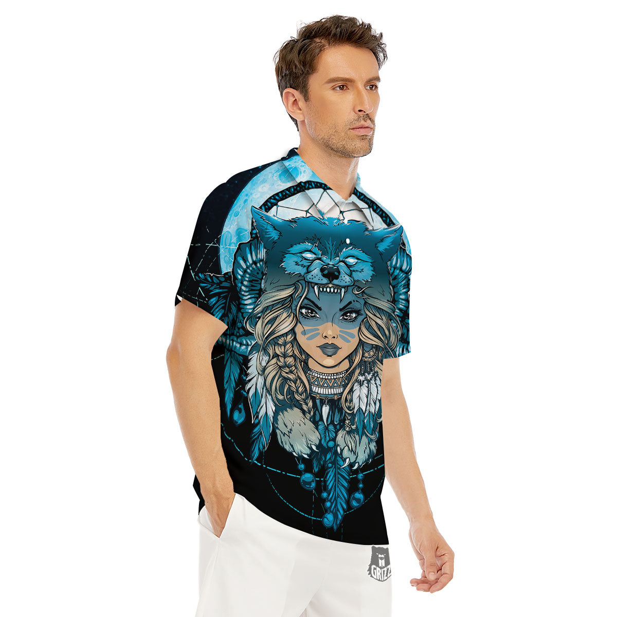 Wolf Girl Native American Print Men's Golf Shirts-grizzshop