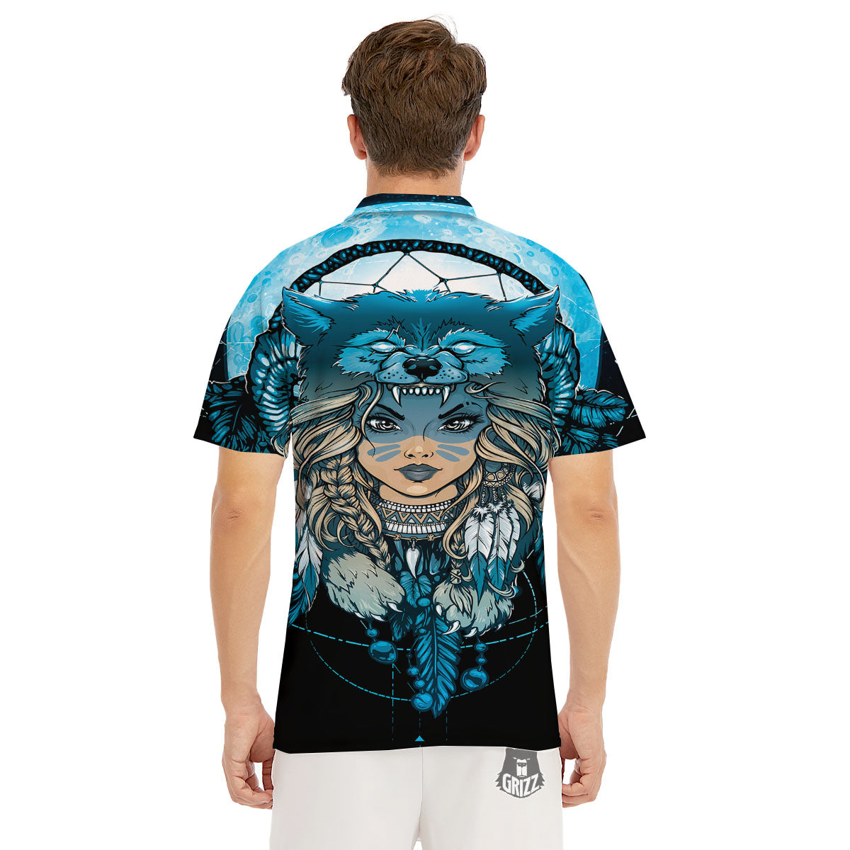 Wolf Girl Native American Print Men's Golf Shirts-grizzshop