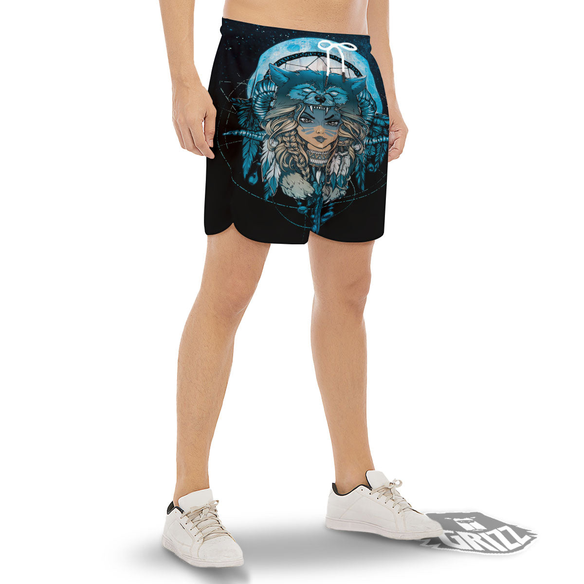 Wolf Girl Native American Print Men's Gym Shorts-grizzshop