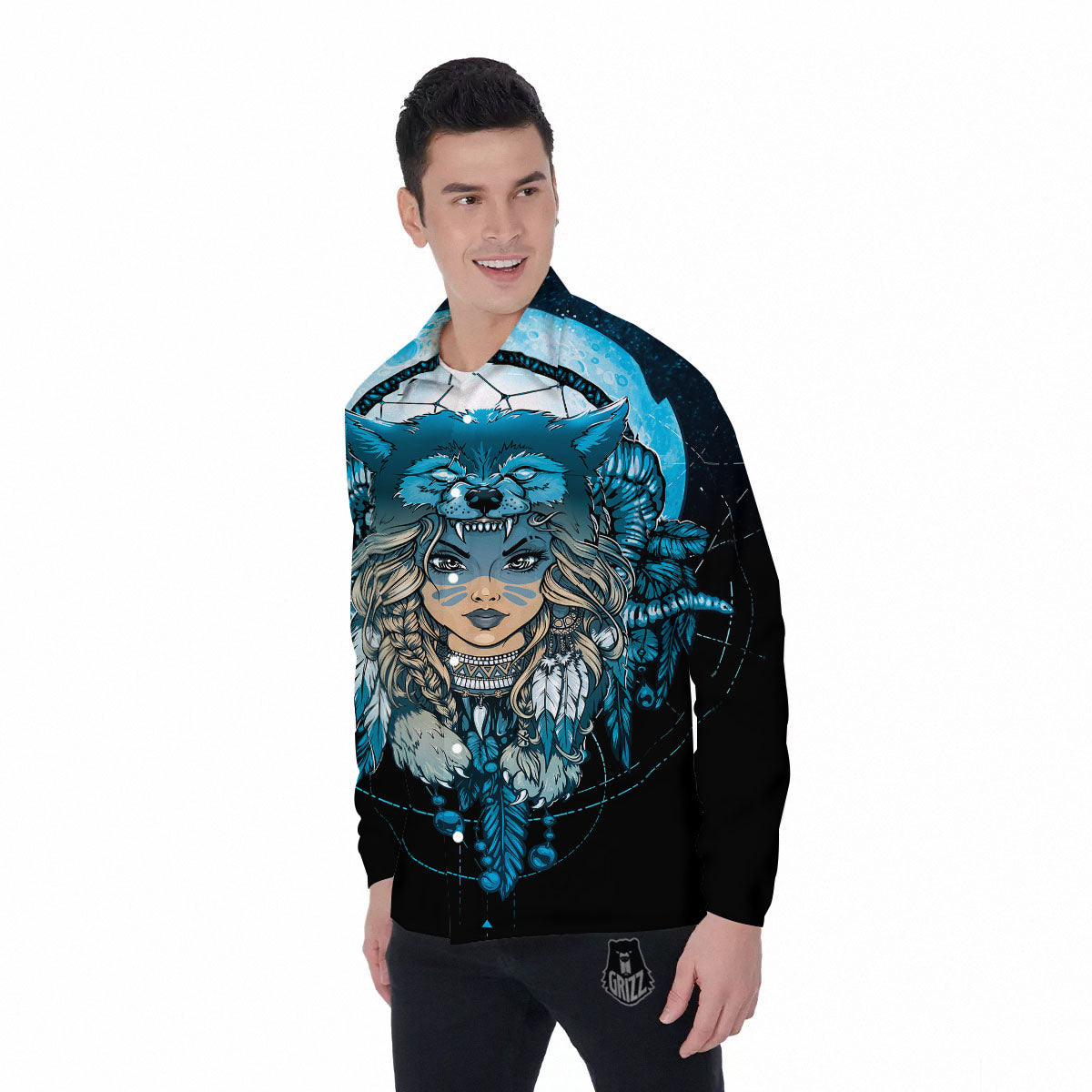 Wolf Girl Native American Print Men's Long Sleeve Shirts-grizzshop
