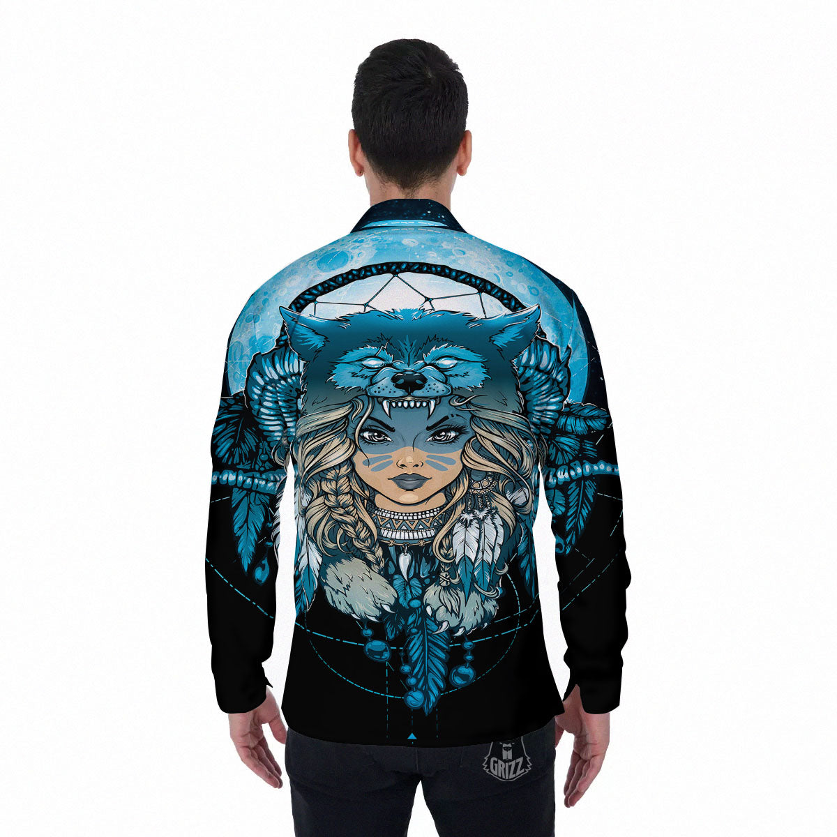 Wolf Girl Native American Print Men's Long Sleeve Shirts-grizzshop