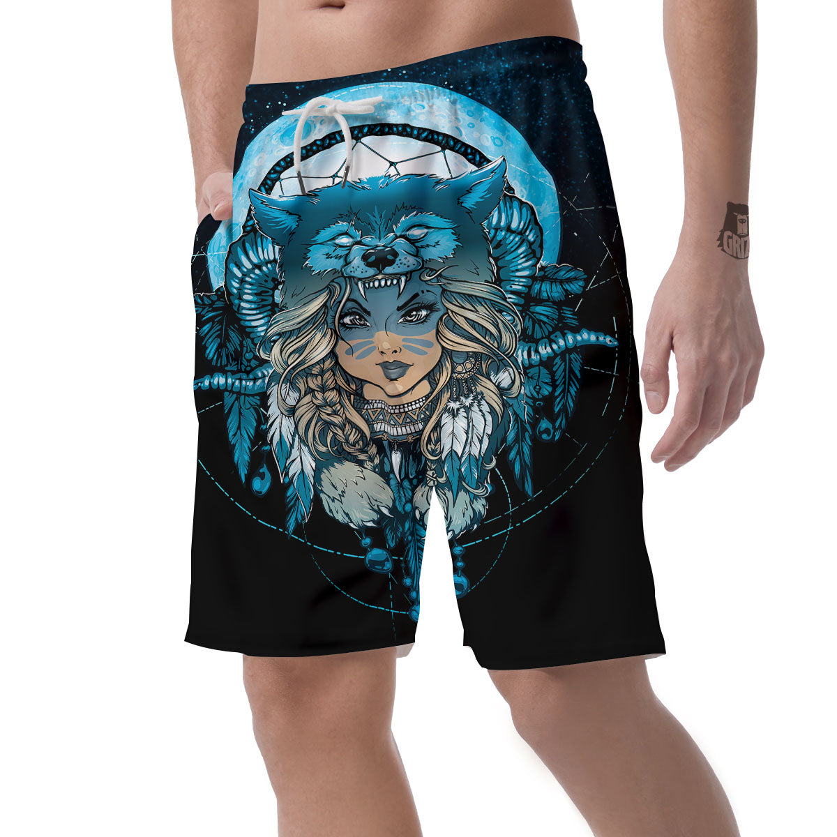 Wolf Girl Native American Print Men's Shorts-grizzshop