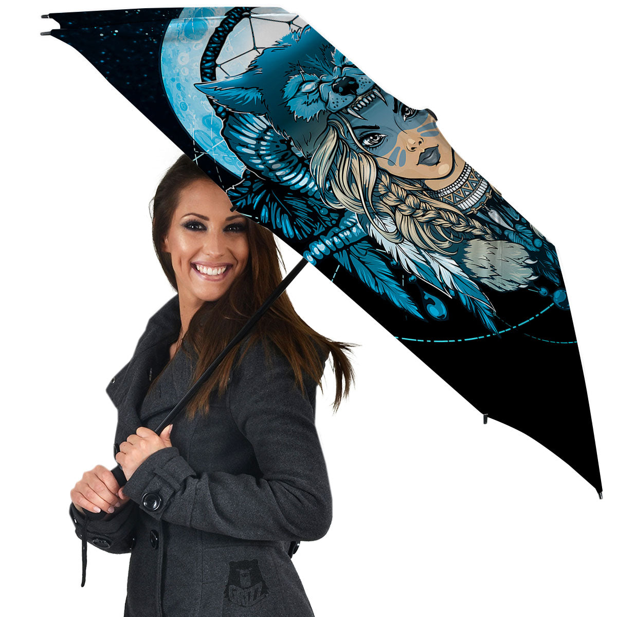 Wolf Girl Native American Print Umbrella-grizzshop