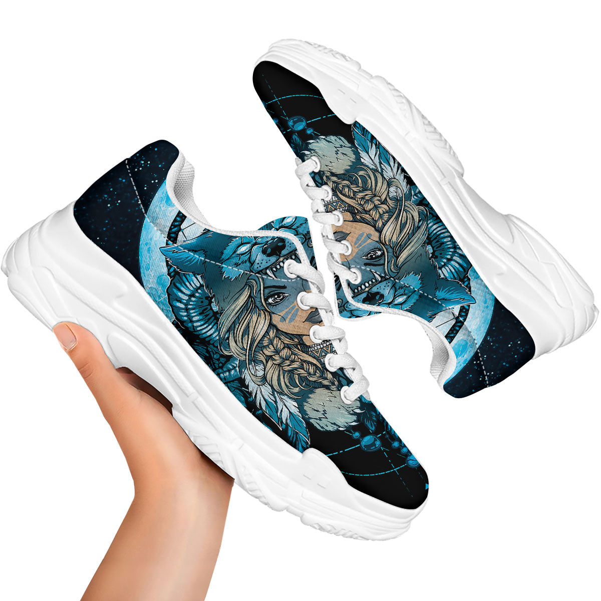 Wolf Girl Native American Print White Chunky Shoes-grizzshop