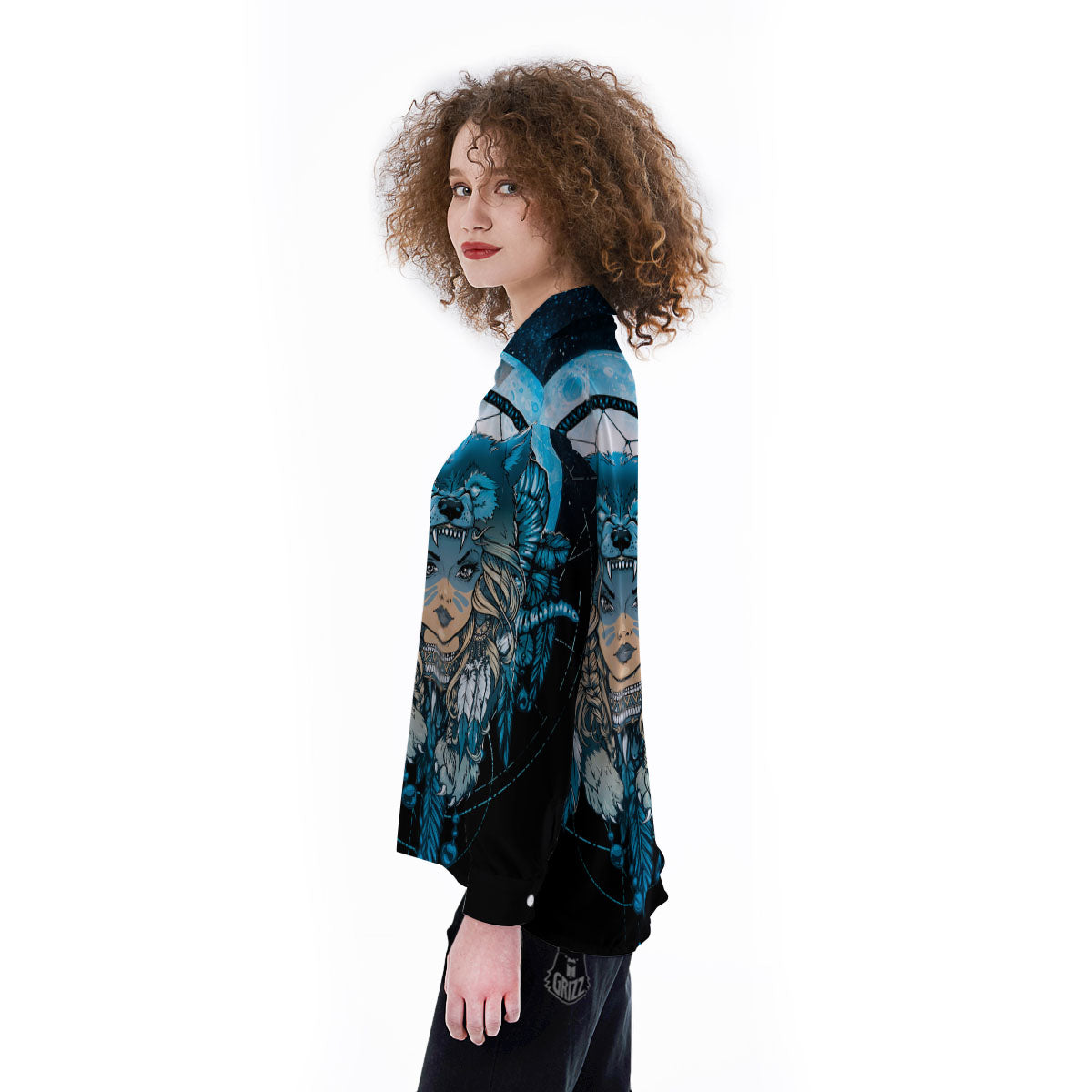 Wolf Girl Native American Print Women's Long Sleeve Shirts-grizzshop