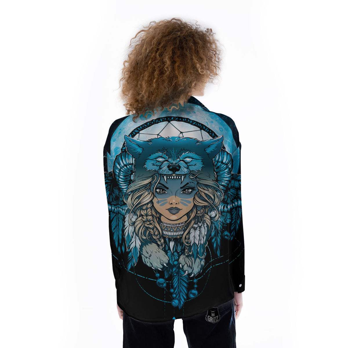Wolf Girl Native American Print Women's Long Sleeve Shirts-grizzshop