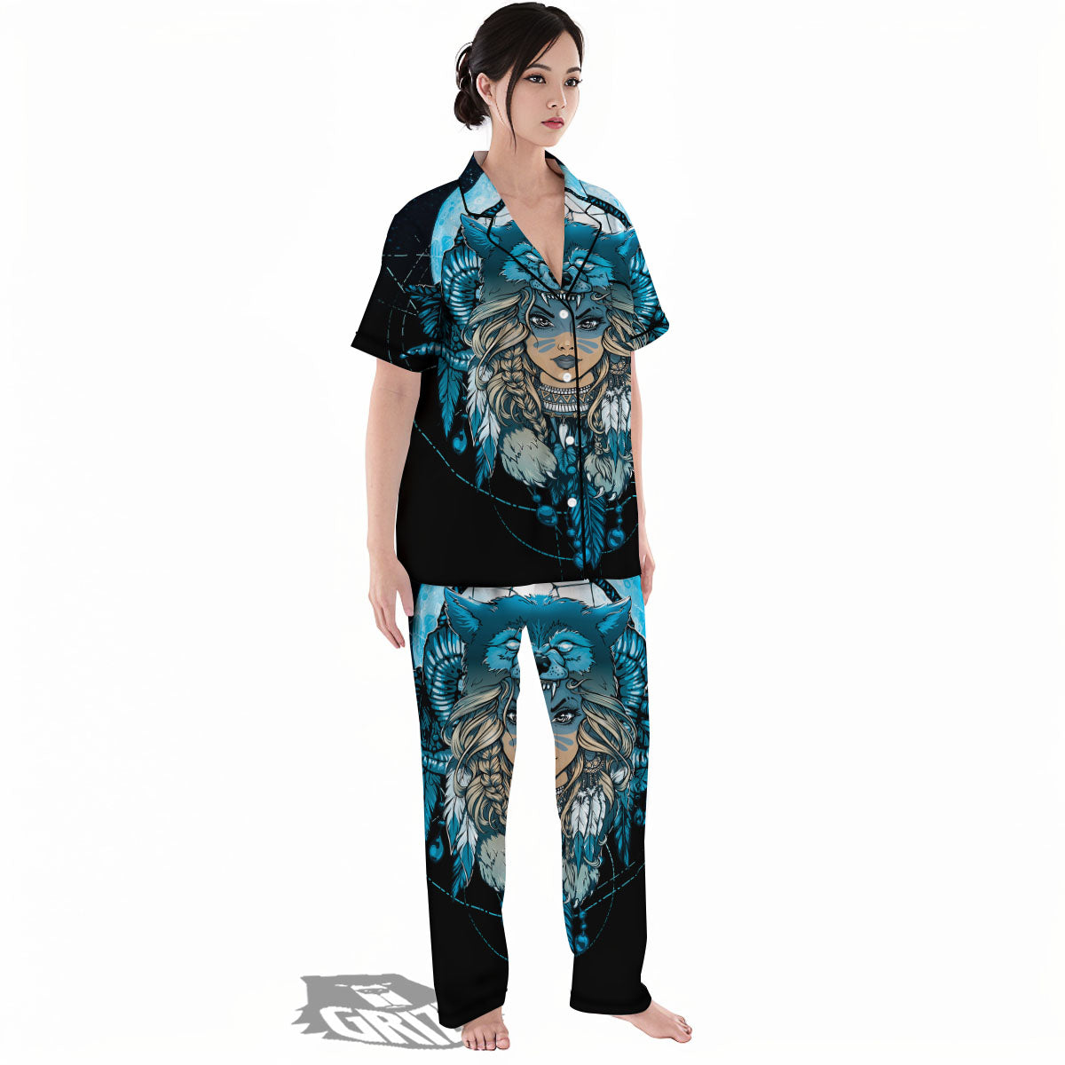Wolf Girl Native American Print Women's Pajamas Set-grizzshop