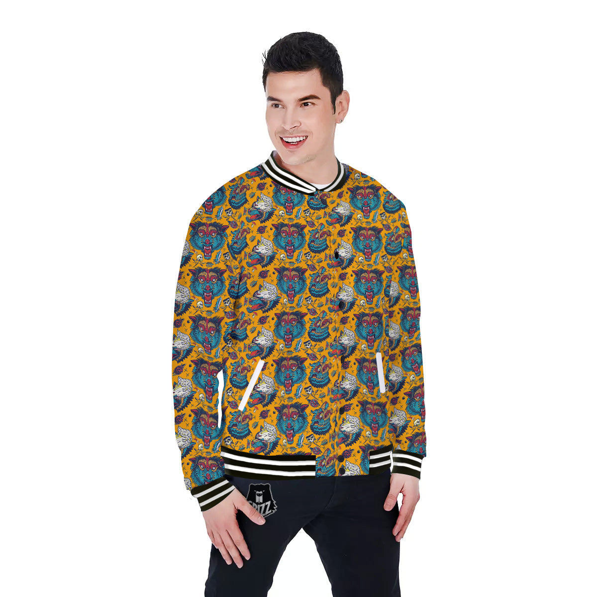 Wolf Head Yellow Tattoo Print Pattern Baseball Jacket-grizzshop