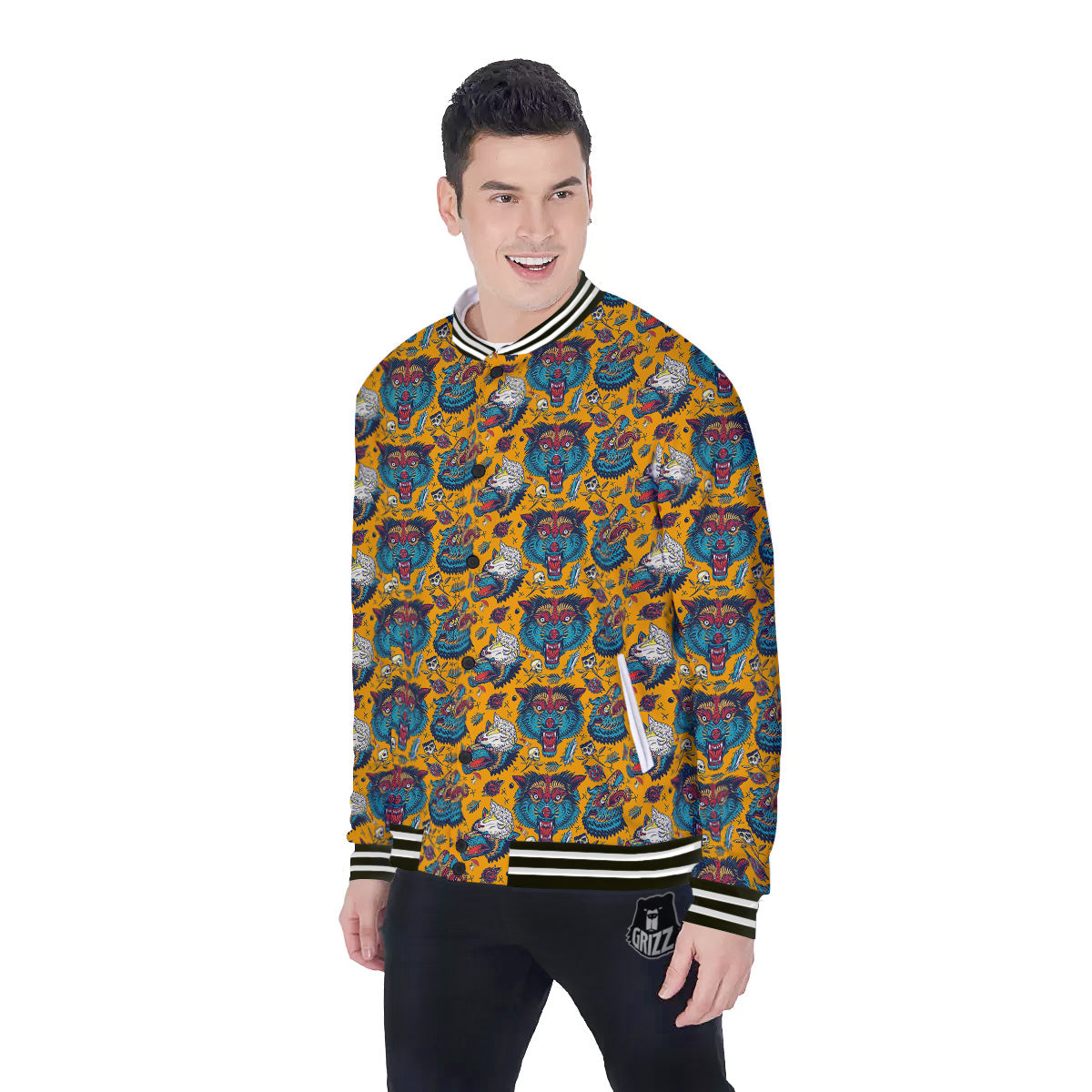 Wolf Head Yellow Tattoo Print Pattern Baseball Jacket-grizzshop