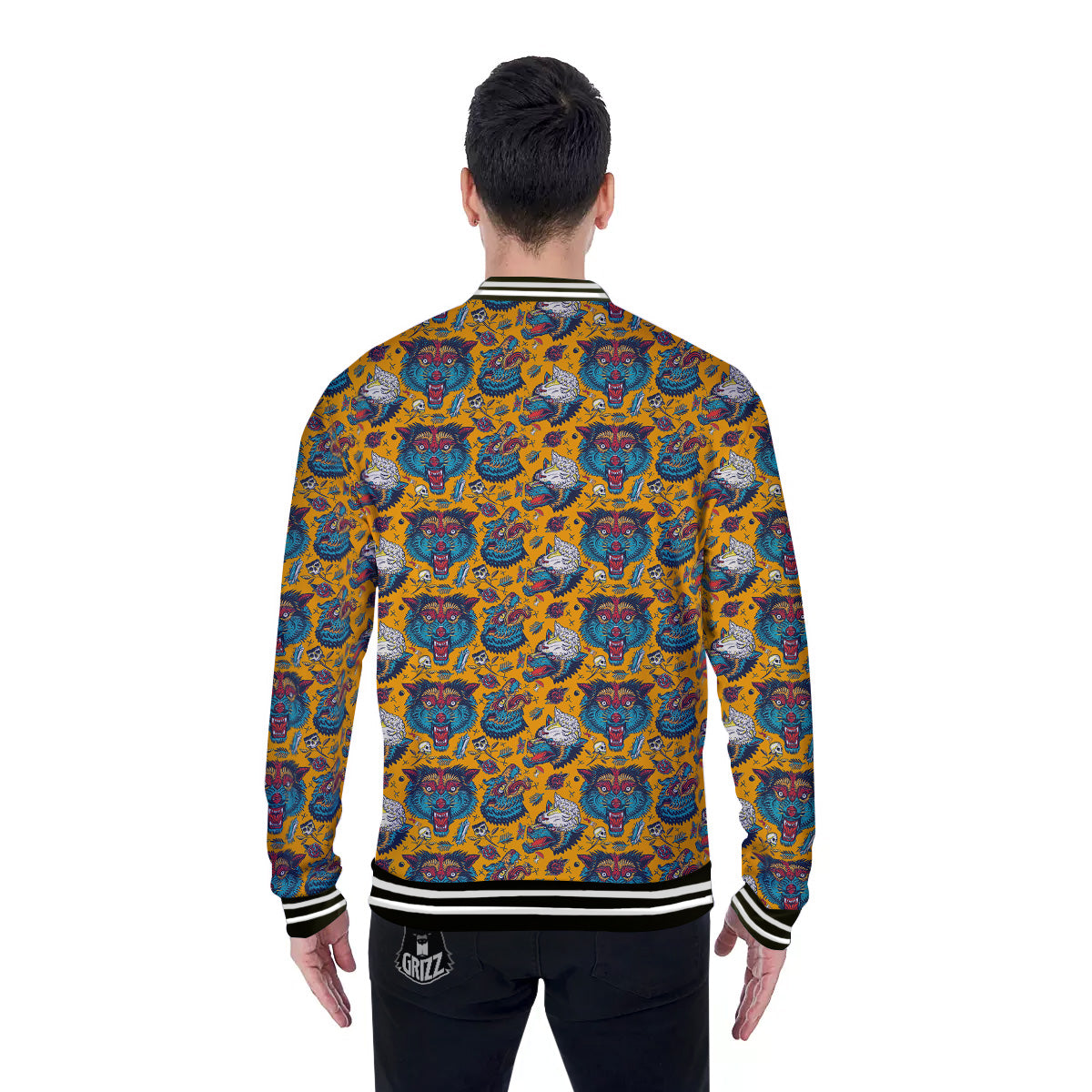 Wolf Head Yellow Tattoo Print Pattern Baseball Jacket-grizzshop