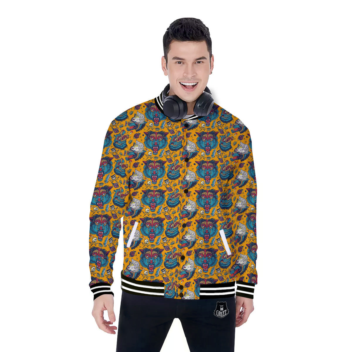 Wolf Head Yellow Tattoo Print Pattern Baseball Jacket-grizzshop