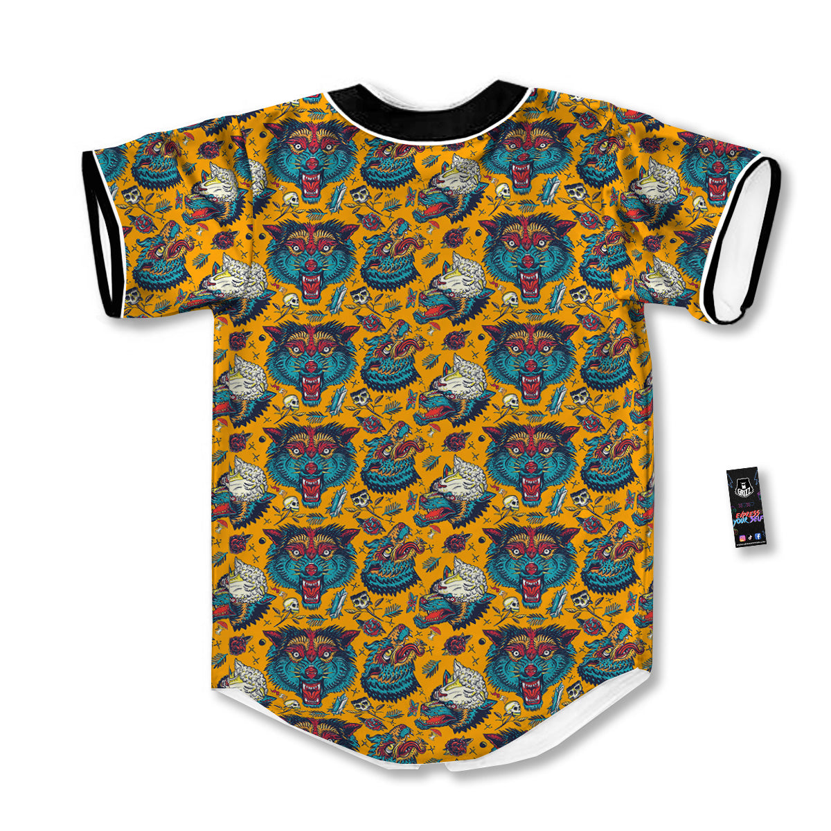 Wolf Head Yellow Tattoo Print Pattern Baseball Jersey-grizzshop