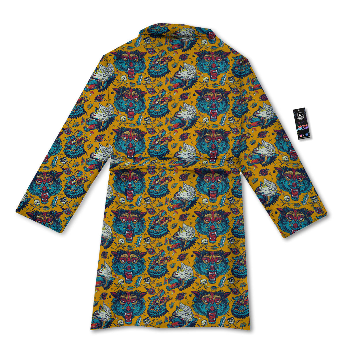 Wolf Head Yellow Tattoo Print Pattern Bathrobe-grizzshop