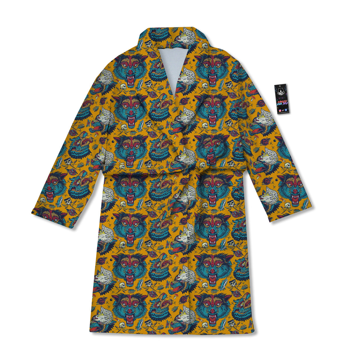 Wolf Head Yellow Tattoo Print Pattern Bathrobe-grizzshop