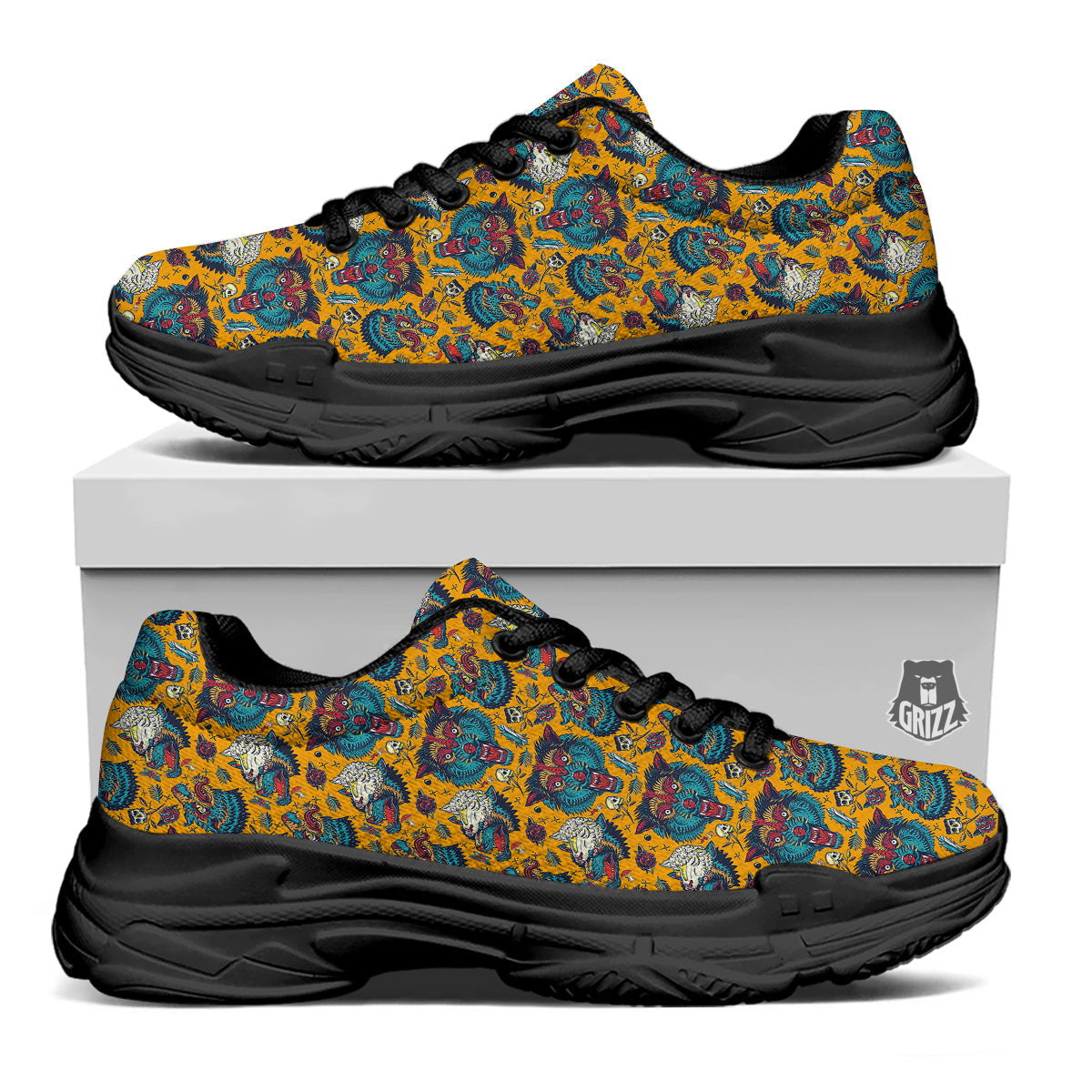Wolf Head Yellow Tattoo Print Pattern Black Chunky Shoes-grizzshop