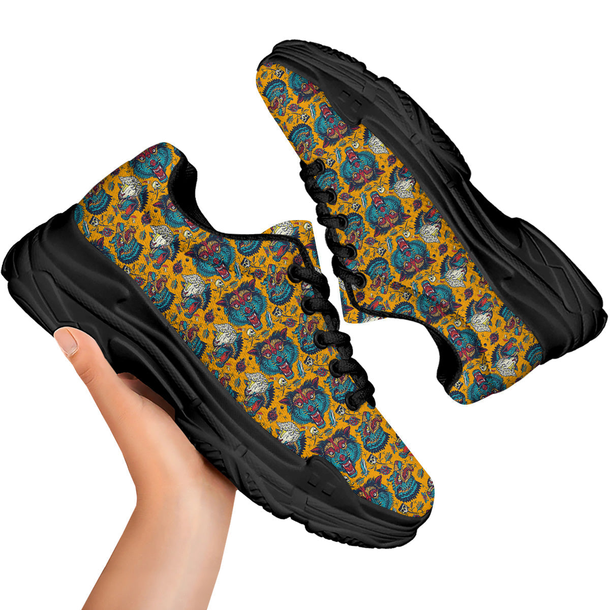 Wolf Head Yellow Tattoo Print Pattern Black Chunky Shoes-grizzshop