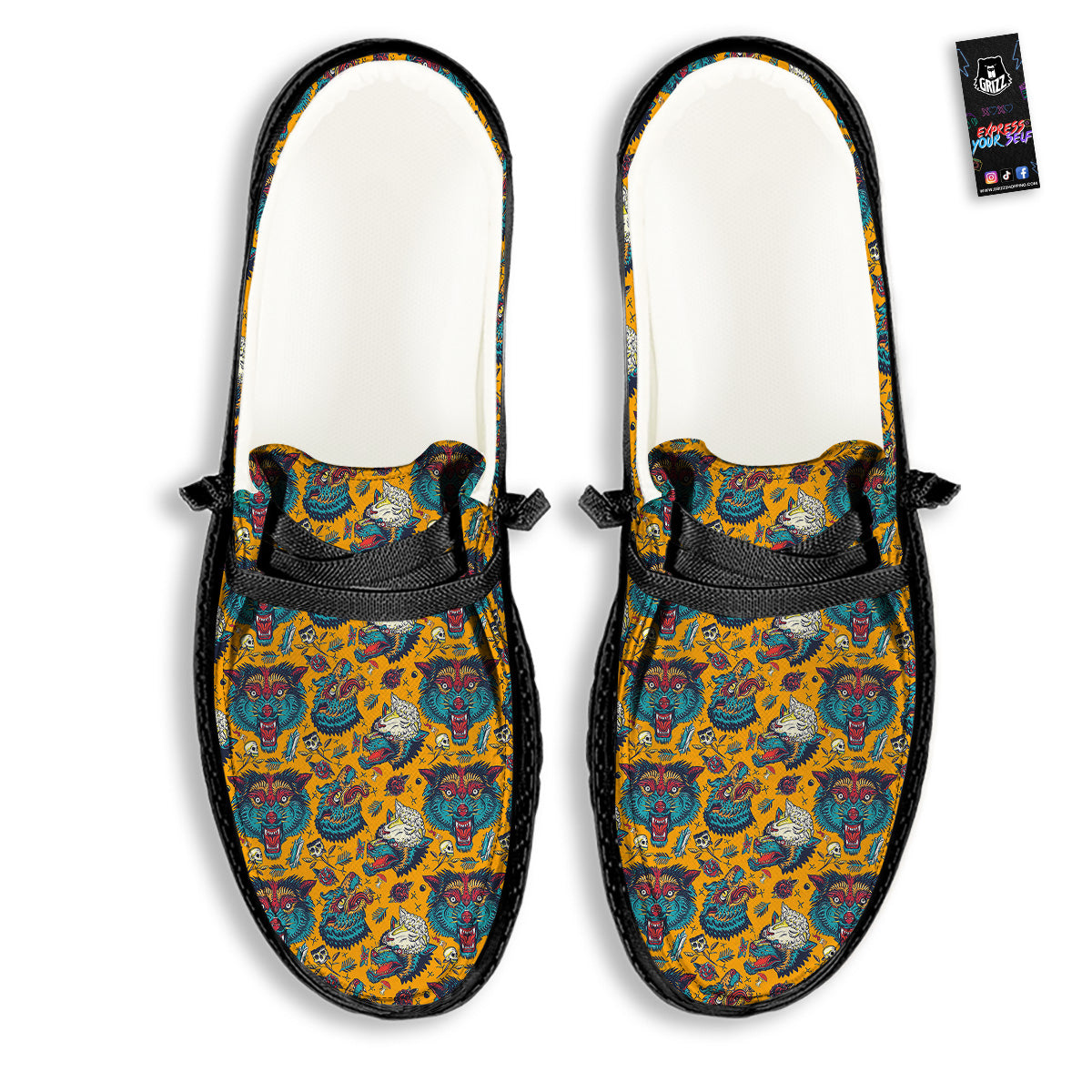 Wolf Head Yellow Tattoo Print Pattern Black Loafers-grizzshop