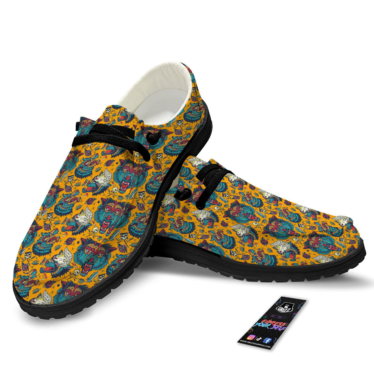 Wolf Head Yellow Tattoo Print Pattern Black Loafers-grizzshop