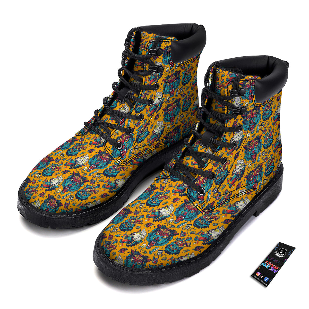 Wolf Head Yellow Tattoo Print Pattern Boots-grizzshop
