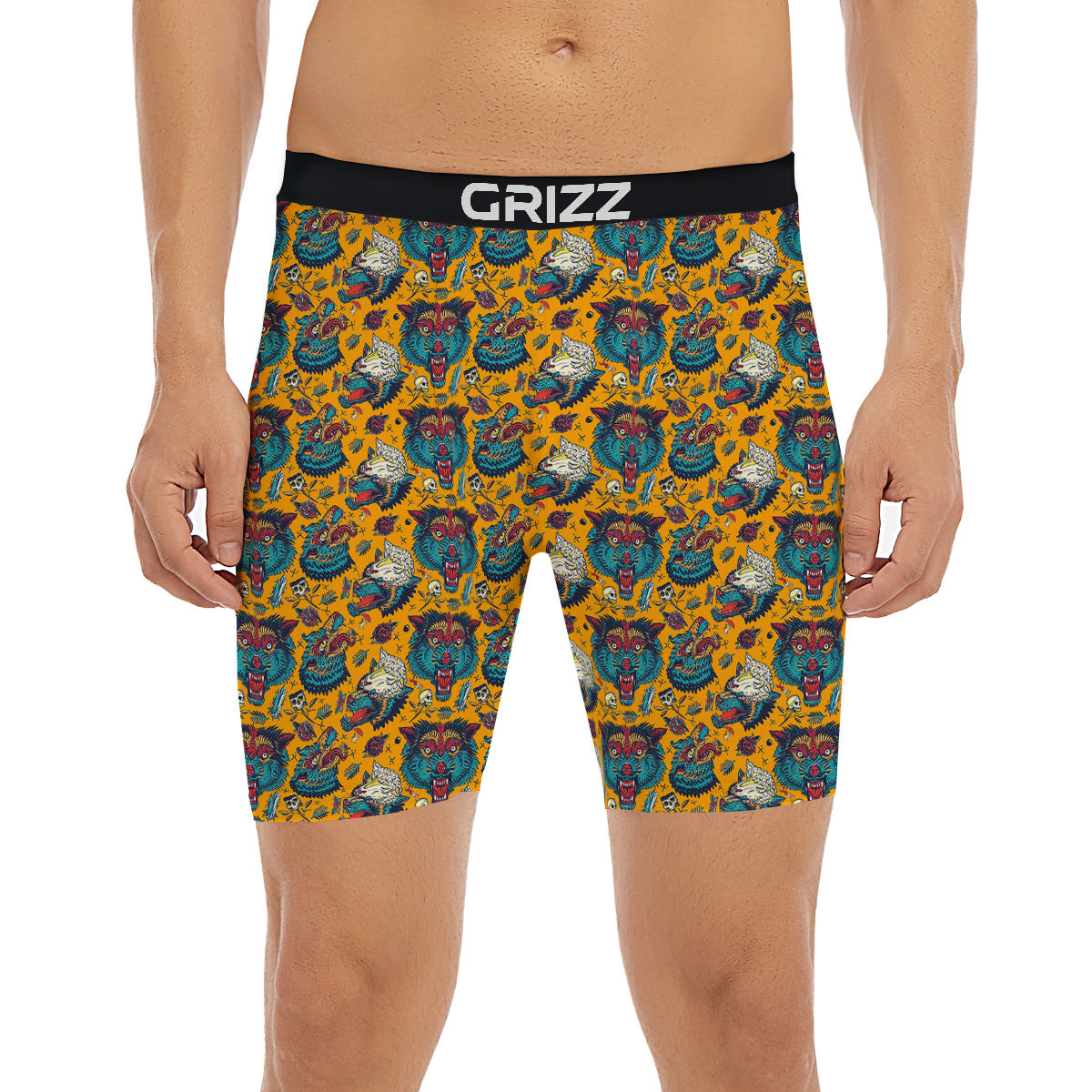Wolf Head Yellow Tattoo Print Pattern Boxer Briefs-grizzshop