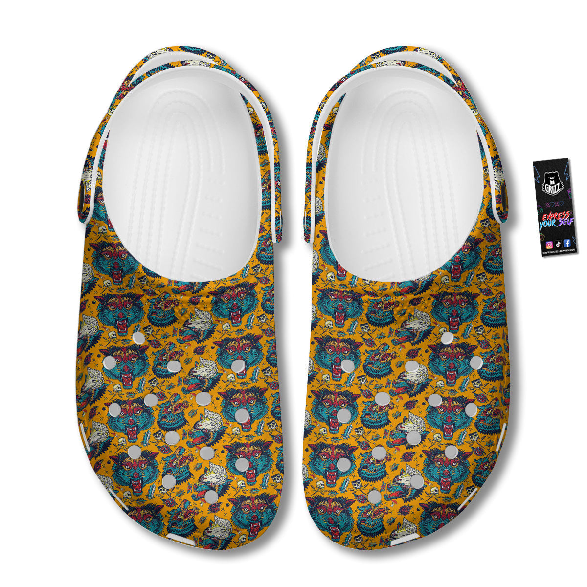 Wolf Head Yellow Tattoo Print Pattern Clog-grizzshop