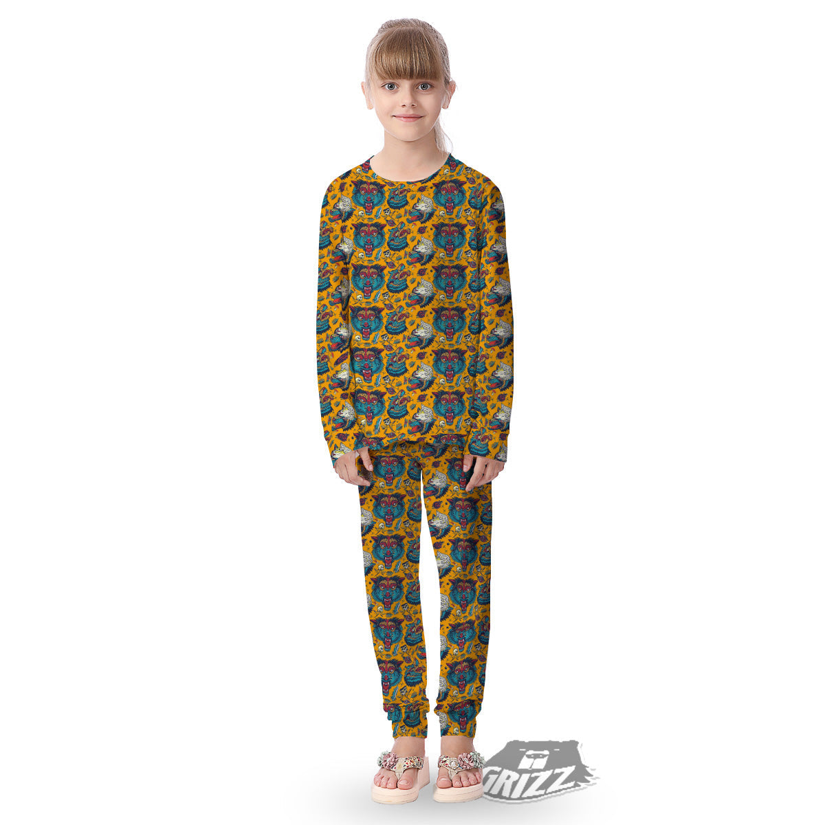 Wolf Head Yellow Tattoo Print Pattern Kid's Pajamas-grizzshop