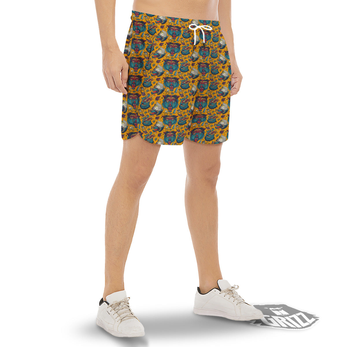Wolf Head Yellow Tattoo Print Pattern Men's Gym Shorts-grizzshop