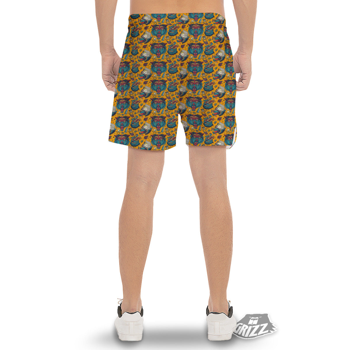 Wolf Head Yellow Tattoo Print Pattern Men's Gym Shorts-grizzshop