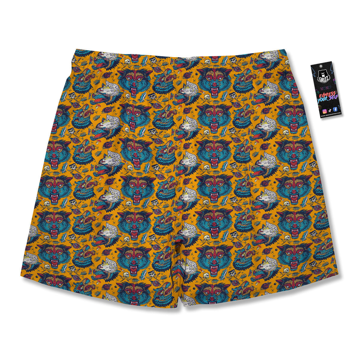 Wolf Head Yellow Tattoo Print Pattern Men's Running Shorts-grizzshop