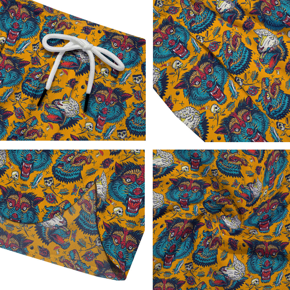 Wolf Head Yellow Tattoo Print Pattern Men's Running Shorts-grizzshop