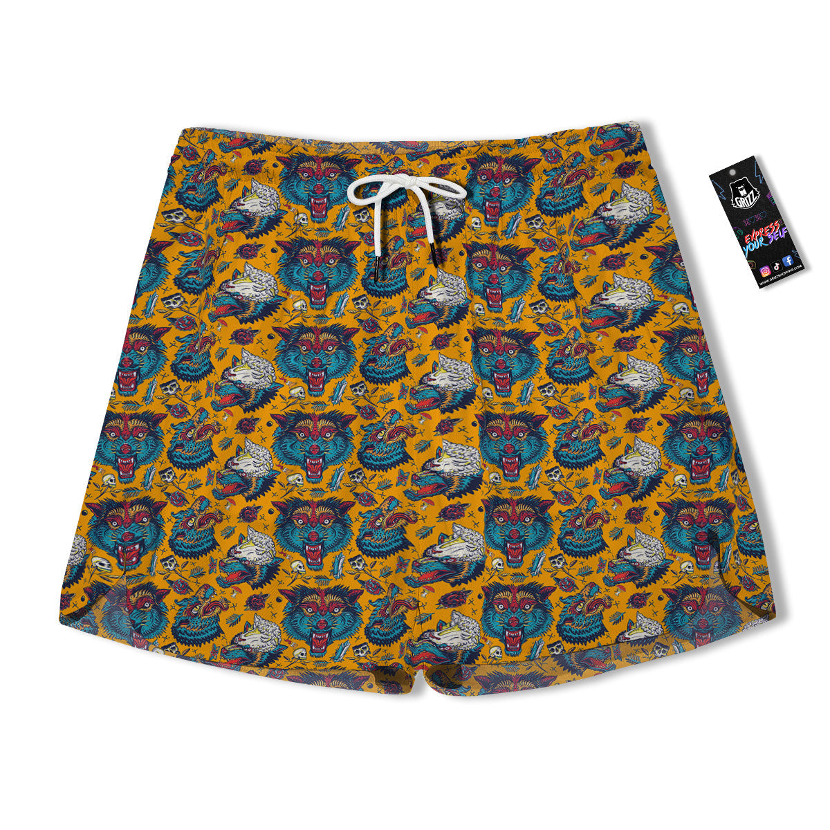 Wolf Head Yellow Tattoo Print Pattern Men's Running Shorts-grizzshop