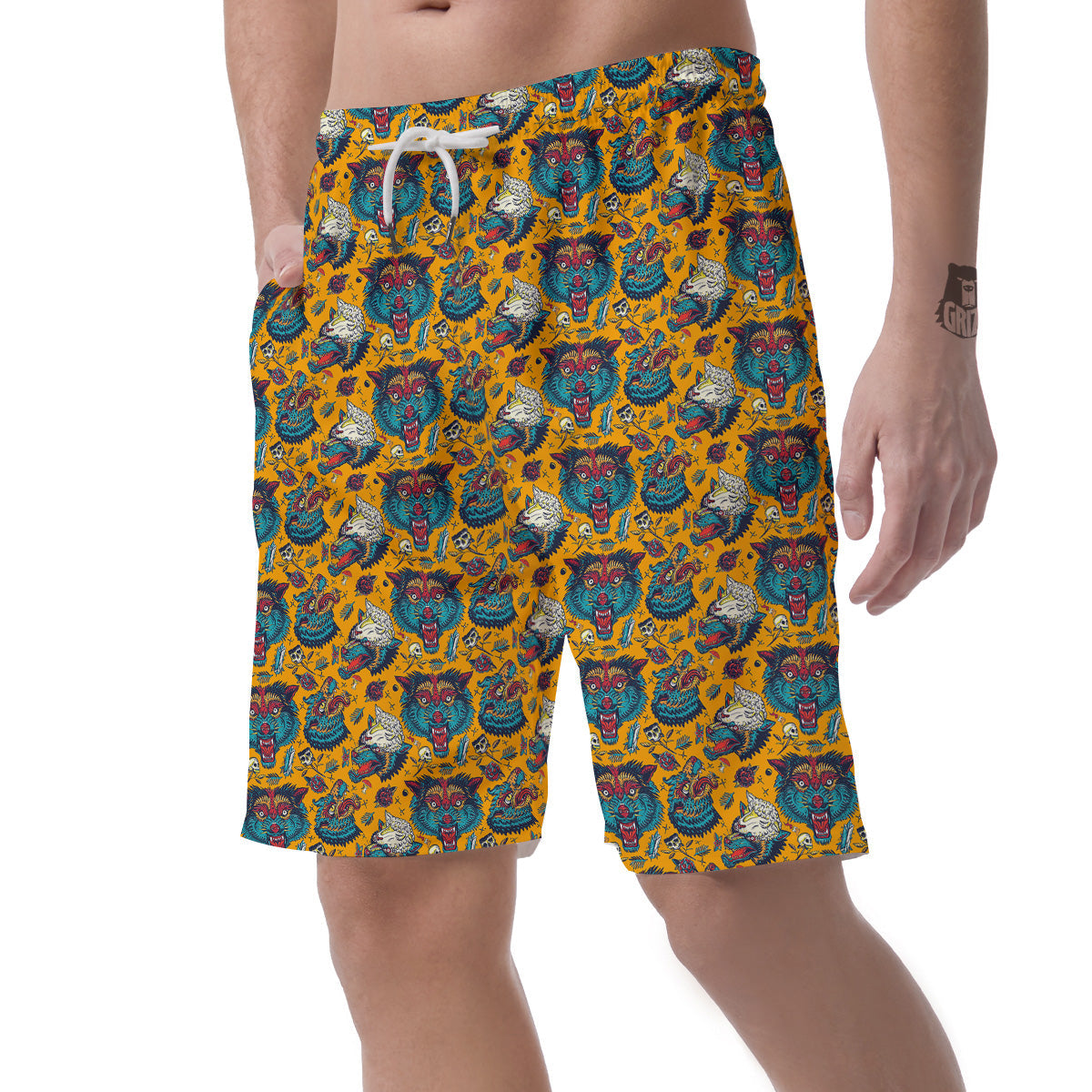 Wolf Head Yellow Tattoo Print Pattern Men's Shorts-grizzshop