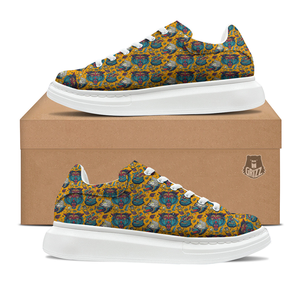 Wolf Head Yellow Tattoo Print Pattern Platform Shoes-grizzshop