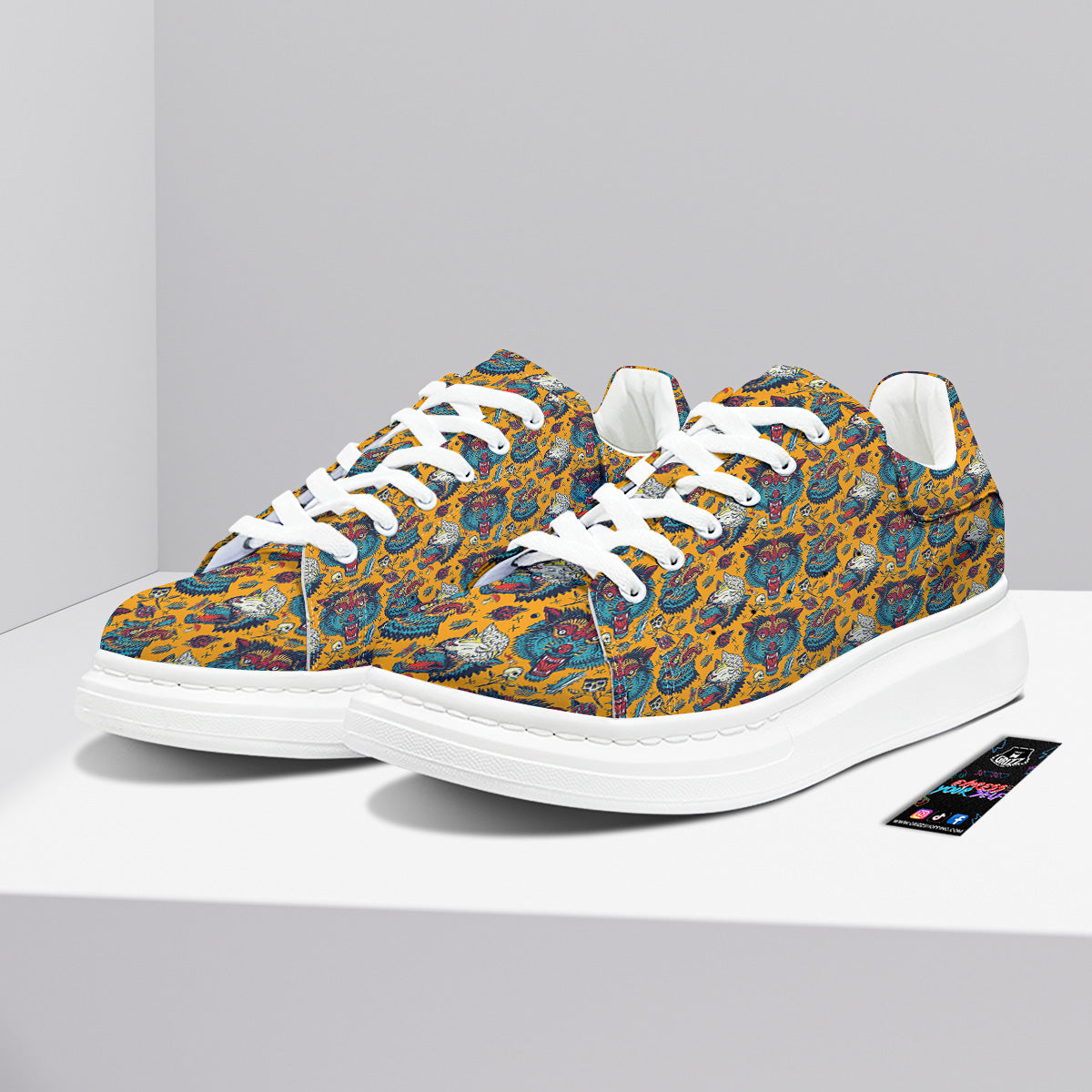 Wolf Head Yellow Tattoo Print Pattern Platform Shoes-grizzshop