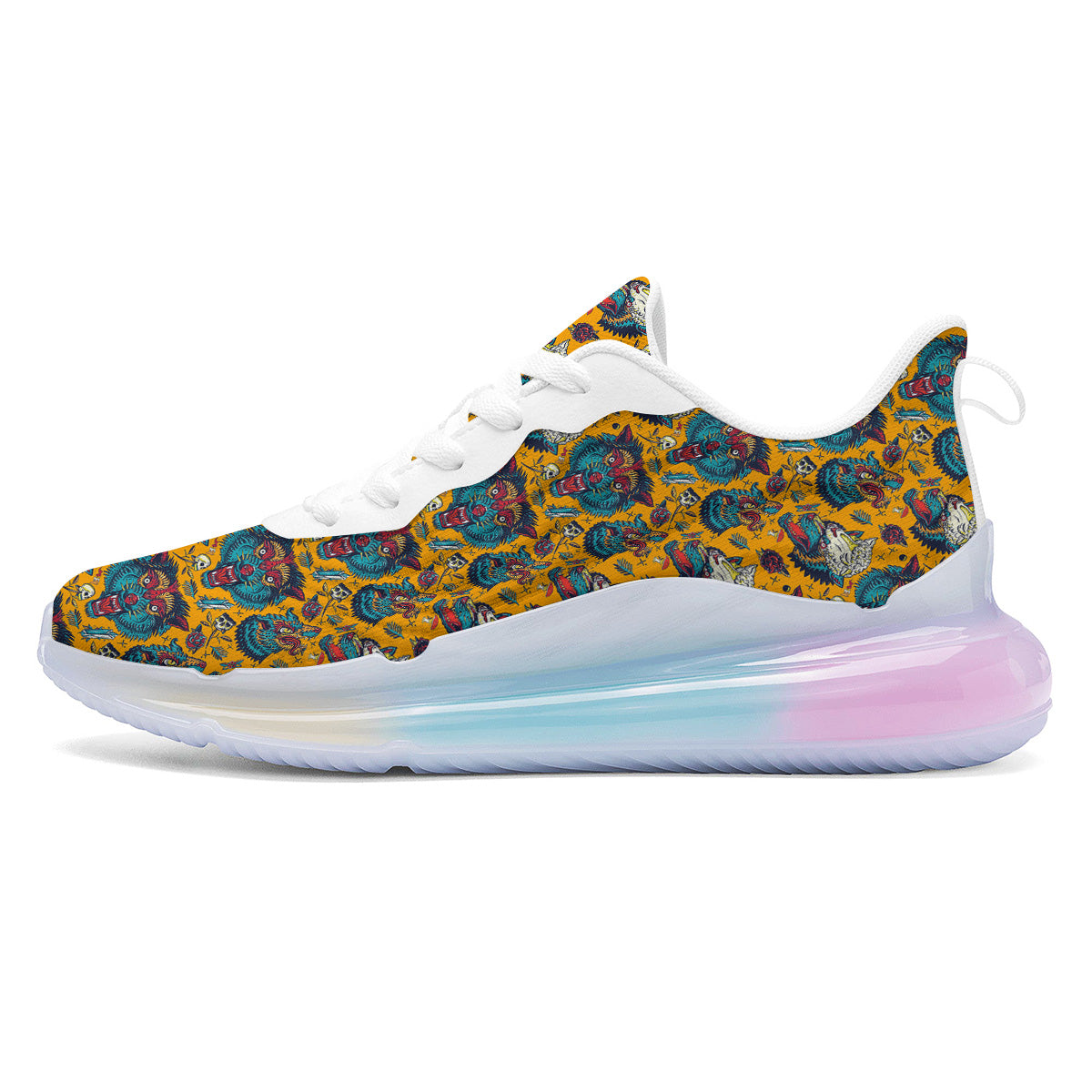 Wolf Head Yellow Tattoo Print Pattern Running Sneakers-grizzshop