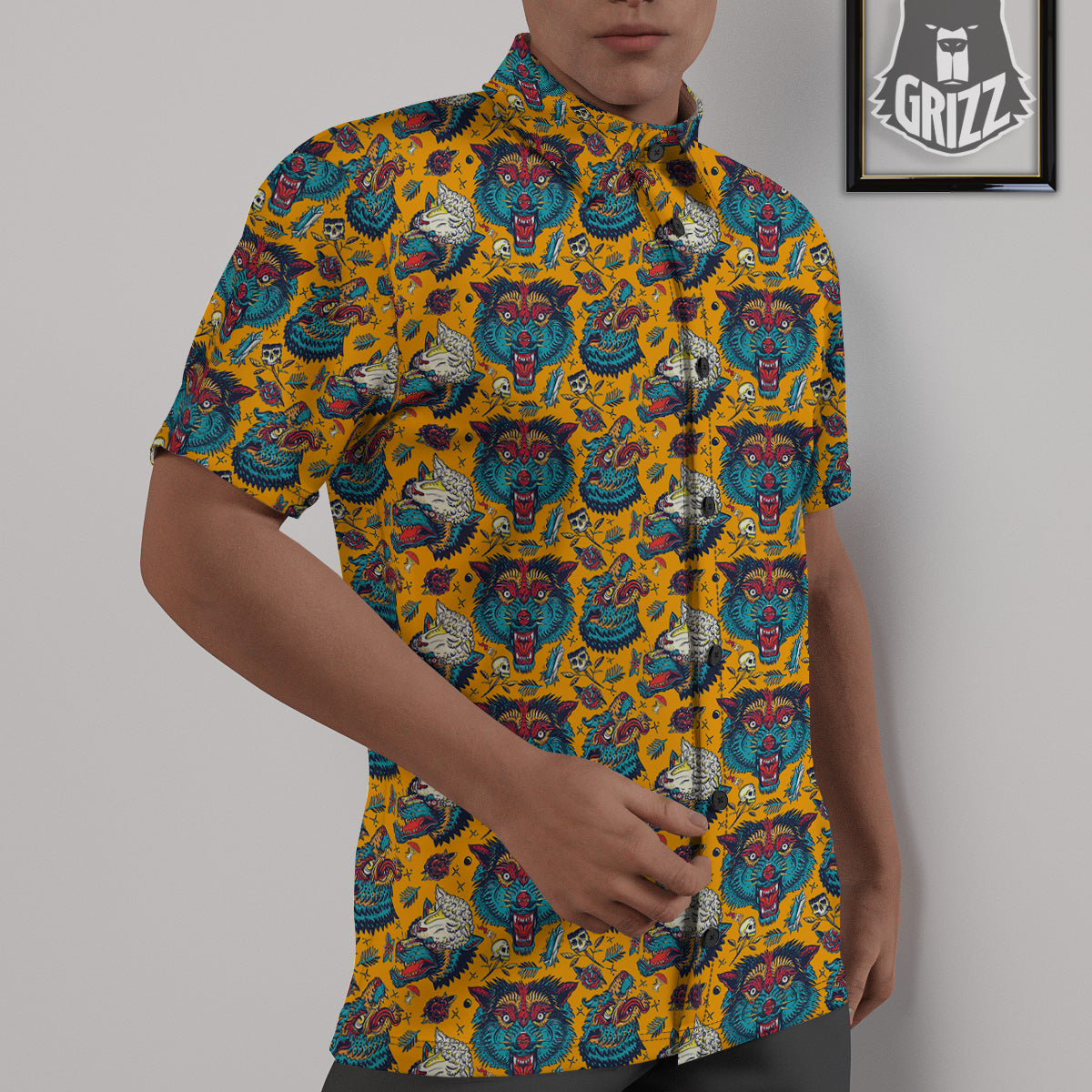 Wolf Head Yellow Tattoo Print Pattern Untucked Shirts-grizzshop