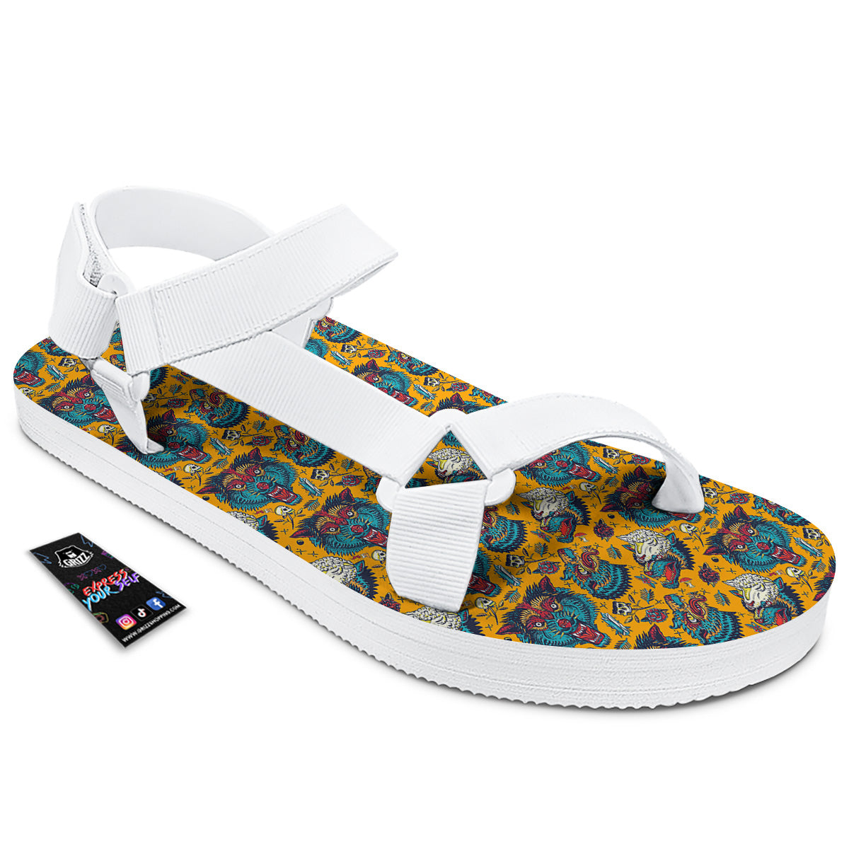 Wolf Head Yellow Tattoo Print Pattern White Open Toe Sandals-grizzshop