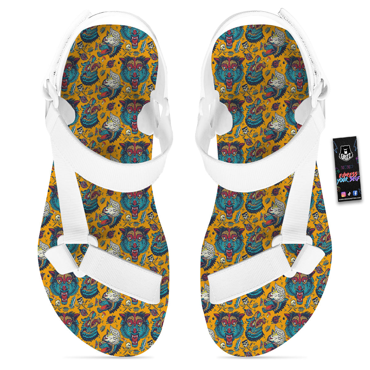 Wolf Head Yellow Tattoo Print Pattern White Open Toe Sandals-grizzshop