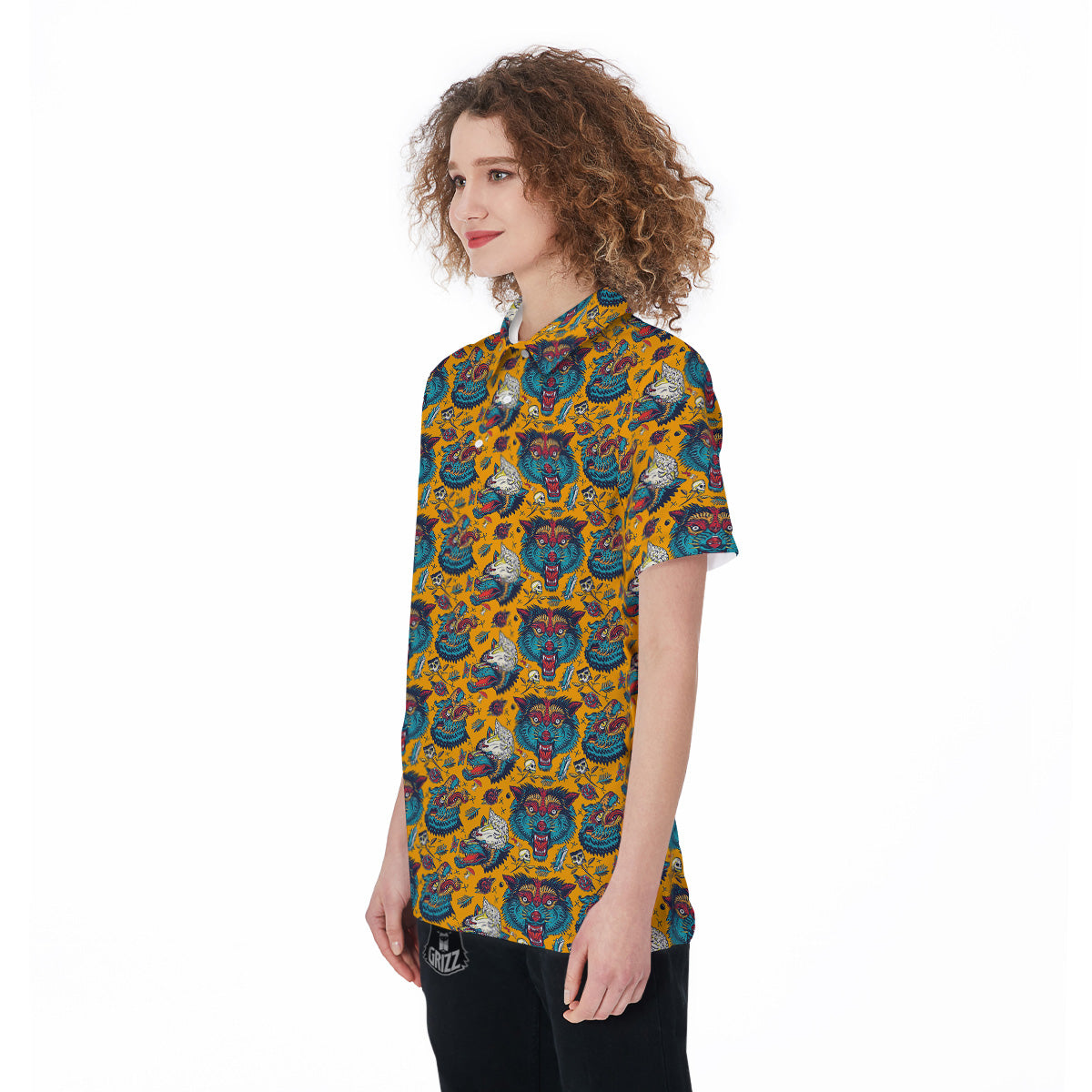 Wolf Head Yellow Tattoo Print Pattern Women's Golf Shirts-grizzshop
