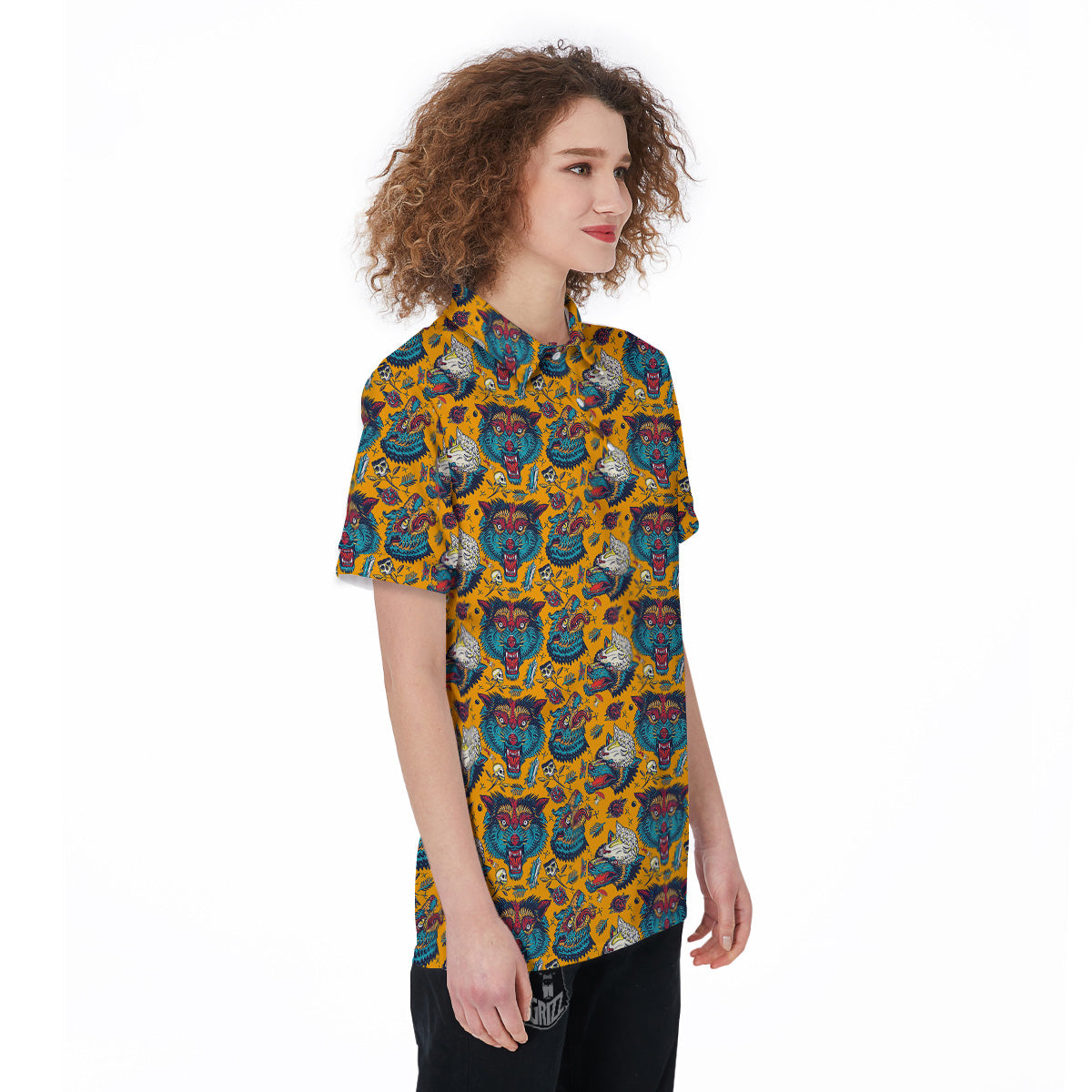 Wolf Head Yellow Tattoo Print Pattern Women's Golf Shirts-grizzshop