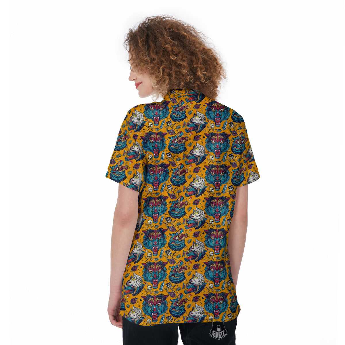 Wolf Head Yellow Tattoo Print Pattern Women's Golf Shirts-grizzshop