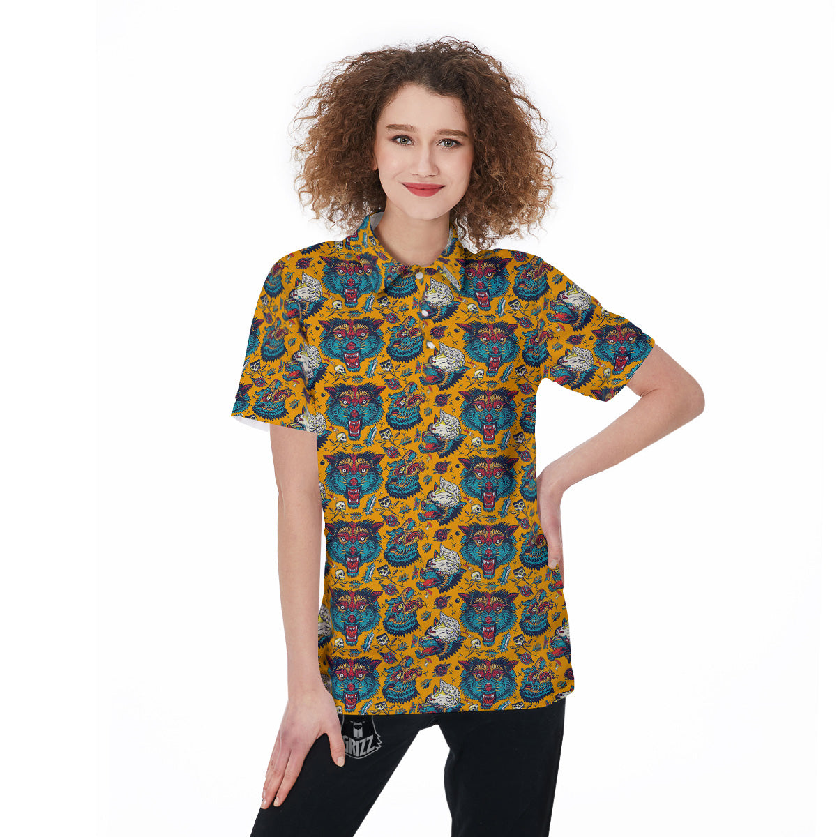 Wolf Head Yellow Tattoo Print Pattern Women's Golf Shirts-grizzshop
