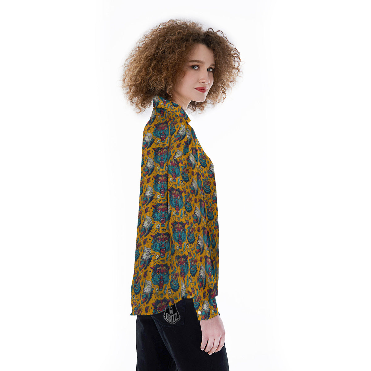 Wolf Head Yellow Tattoo Print Pattern Women's Long Sleeve Shirts-grizzshop