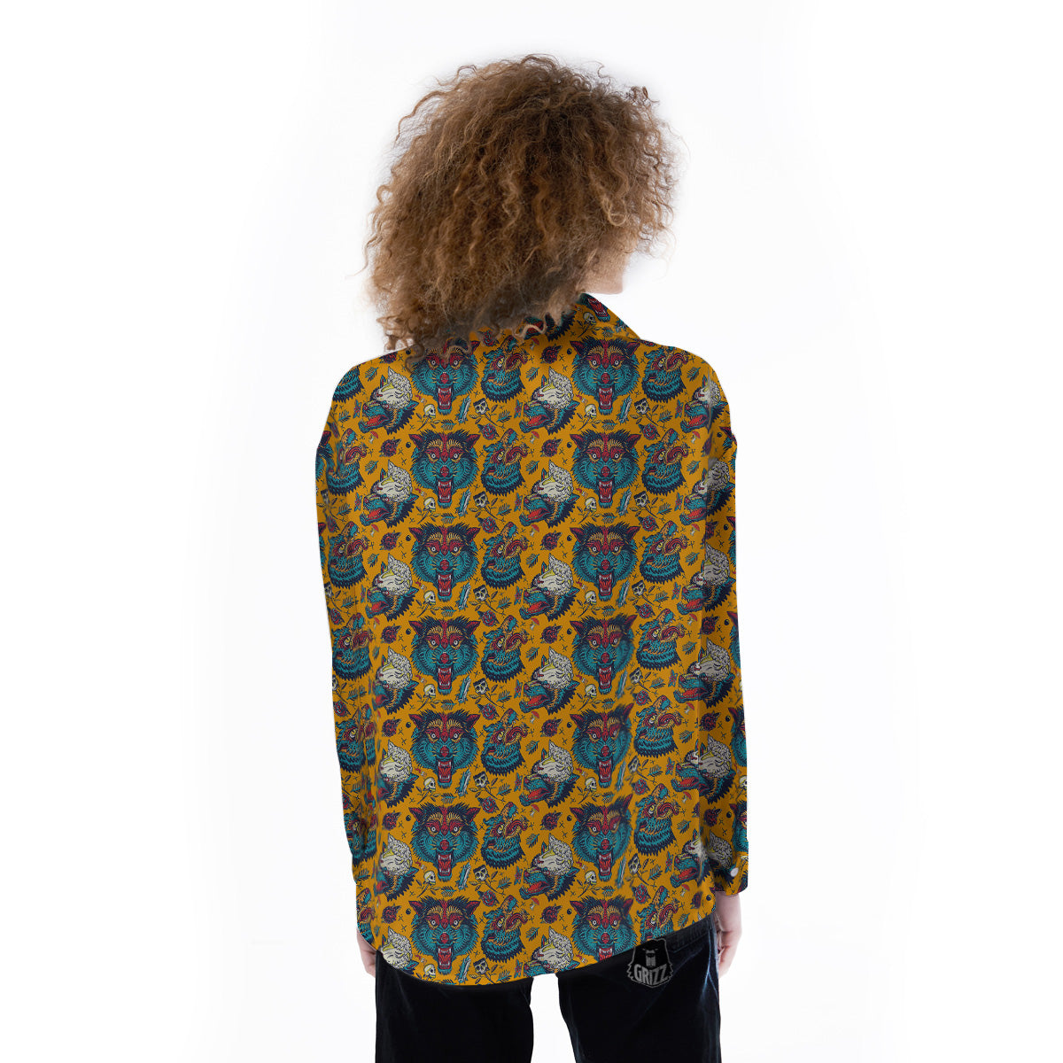 Wolf Head Yellow Tattoo Print Pattern Women's Long Sleeve Shirts-grizzshop