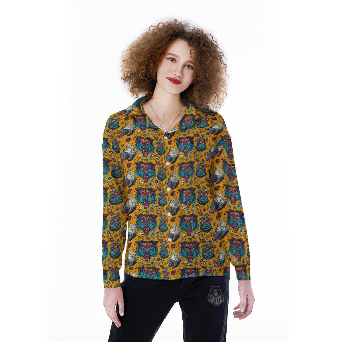 Wolf Head Yellow Tattoo Print Pattern Women's Long Sleeve Shirts-grizzshop