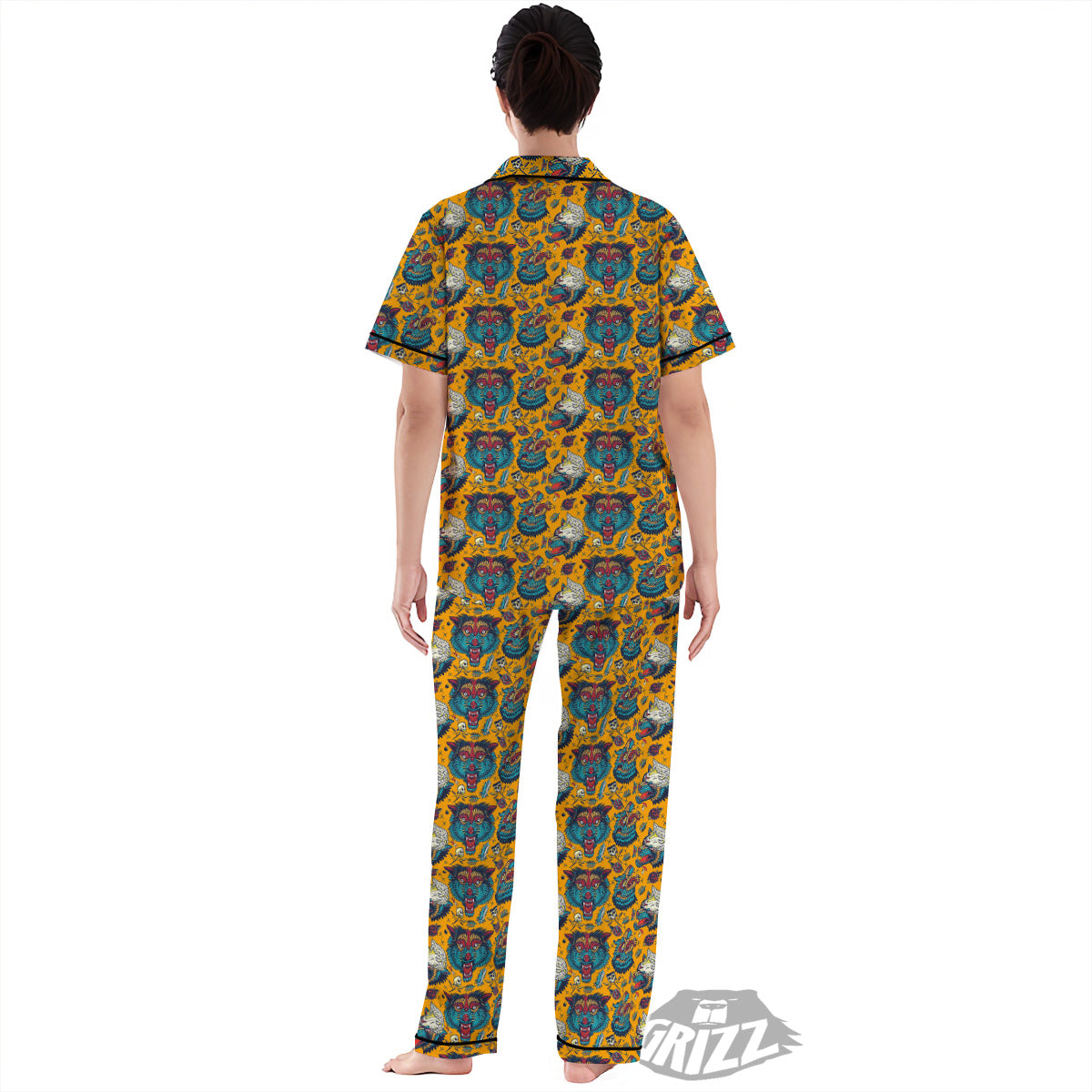 Wolf Head Yellow Tattoo Print Pattern Women's Pajamas Set-grizzshop