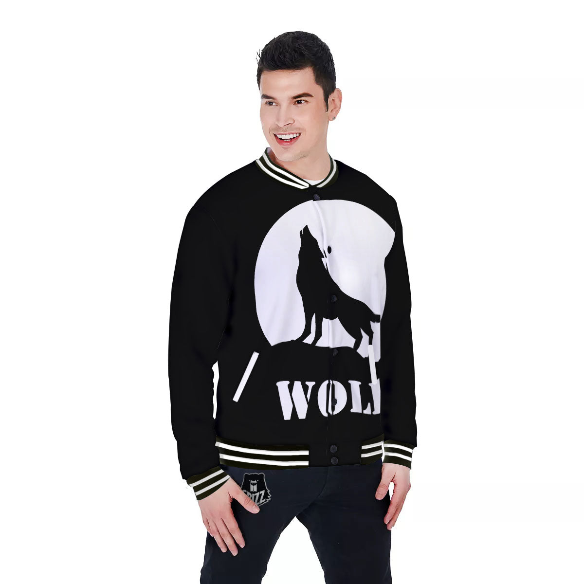 Wolf Howling Monochrome Print Baseball Jacket-grizzshop